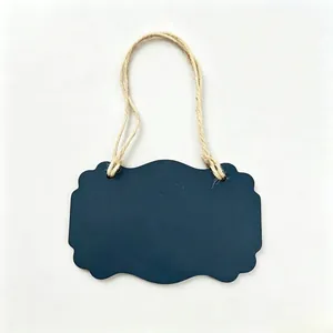 Detail view of a scalloped wooden chalkboard tag with a durable jute rope for hanging.