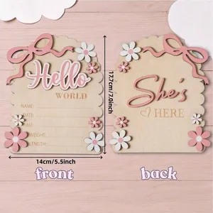 Wooden Newborn Baby Birth Announcement Board Hello World She Is Here Milestone Plaque For Nursery Photo Prop Decor