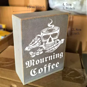 Vintage rustiek houten boxbord met Mourning Coffee quote en gedetailleerde afmetingen