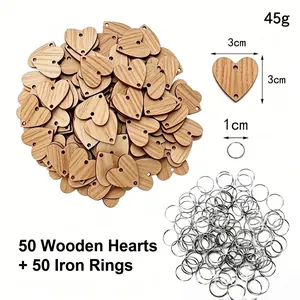 Bulk set of 50 heart-shaped wooden craft tags and 50 metal rings for DIY keychains