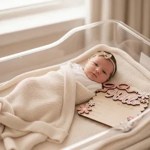 Wooden newborn birth announcement sign with floral bow and Hello World text
