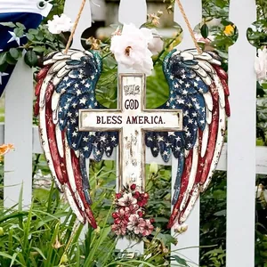 Décoration Murale Croix en Bois God Bless America Plaque en Bois Ailes Drapeau USA Patriotique Pour Maison Jardin Extérieur