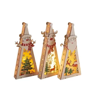 Set di tre lampade LED natalizie in legno con Babbo Natale, pupazzo di neve e renna