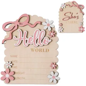 Wooden baby announcement sign with pink bow and daisy flowers, Hello World theme