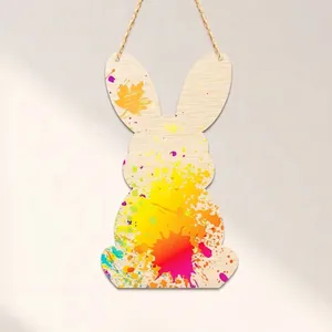Unfinished Wood Rabbit Hanging Ornament Blank Wooden Bunny Cutouts For DIY Crafts Easter Home Decoration With Jute Rope