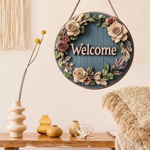 Round Wooden Welcome Sign Hanging Door Plate 3D Floral Patriotic American Flag Design Rustic Farmhouse Wall Decor for Porch