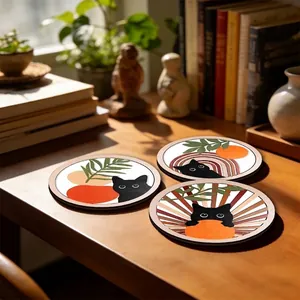 Sottobicchieri in Legno Bohemien Gatto Nero Set Decorativo Resistente al Calore Sottobicchieri Rotondi in Legno per Casa Ufficio Tavolo Decorazione Portabicchiere in Metallo