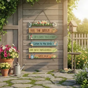 Rustic Boxwood Garden Rules Hanging Sign Outdoor Yard Wall Art Decor With 6 Painted Wood Boards And Rope For Porch Decoration