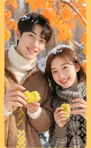 Couple holding cute yellow duck magnetic hand warmers in a snowy winter outdoor setting.
