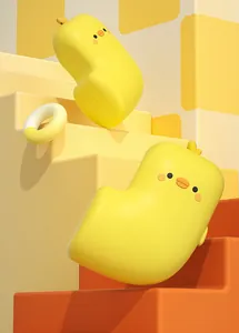 Detailed view of twin duck-shaped portable magnetic hand warmers in yellow