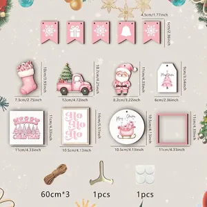 Pink wooden Christmas ornaments set with festive patterns and dimensions