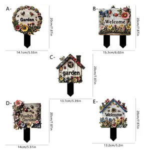 Hand-painted floral garden stakes with resin house and plaque designs for yard decor