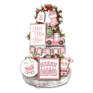 Pink themed Christmas tiered tray decoration set with wooden signs and Santa ornaments