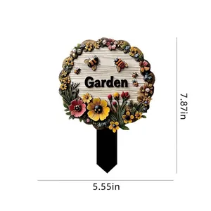Decorative floral garden stake plaque with bee motifs and Garden text for outdoor use