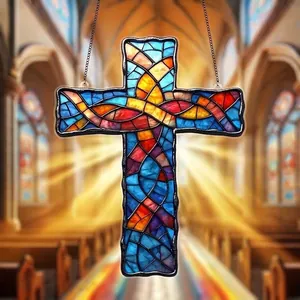 Sagrado Pintado Estilo Vitral Madera Cruz Adorno Colgante Jardín Boda Decoración Arte Pared Artesanía Cruz Con Cadena Metal