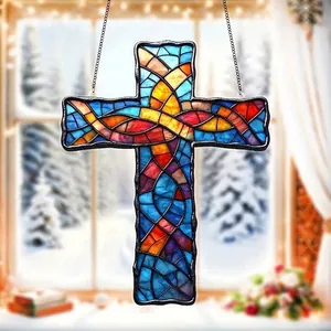 Adorno colgante de cruz de mosaico de vitral colorido para jardín y bodas elegantes