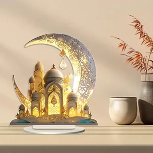 Decorazione da tavolo luna in acrilico Ramadan Eid luminosa con architettura di moschea