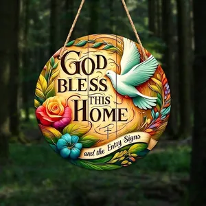 Decorative round wooden wall hanging featuring God Bless This Home and floral dove design