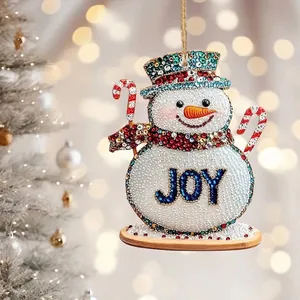 Adorno navideño de muñeco de nieve brillante con texto JOY para decoración de árboles