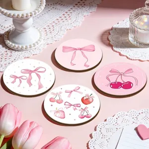 Pink Pine Wood Coasters Set Heat Resistant Round Decorative Drink Mats With Bowknot Cherry Strawberry Pattern For Table Home Decor