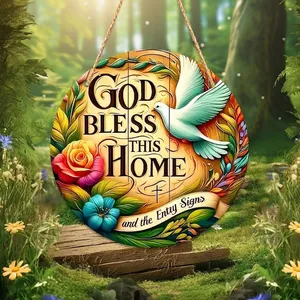 Round wooden wall sign with God Bless This Home text and floral dove design