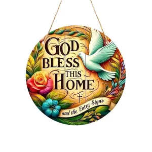 Round decorative hanging sign featuring God Bless This Home with pigeon and flowers