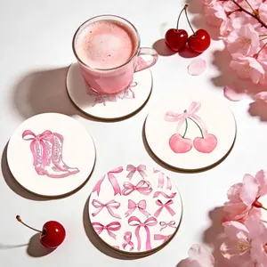 Set of 4 pink wooden coasters with bow and cherry illustrations for home decor