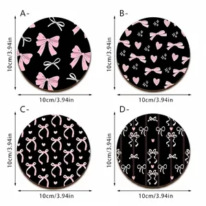 Set of 4 circular pink bow and heart pattern wooden coasters, 10cm/3.94in diameter