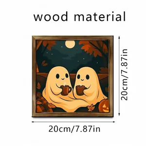 Halloween theme square wood framed art print featuring cute ghosts for home wall decor