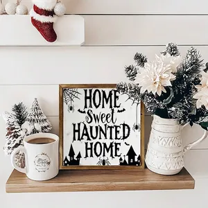 Halloween Witch Black Cat Home Sweet Haunted Home Wooden Framed Wall Art Decor Square Vintage Painting for Kitchen Room