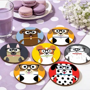 Cartoon Dog Wooden Coasters Set With Metal Holder Round Heat Resistant Wood Cup Mats For Table Decoration Home Kitchen