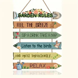 Rustic wooden garden rules hanging sign with floral and bird illustrations