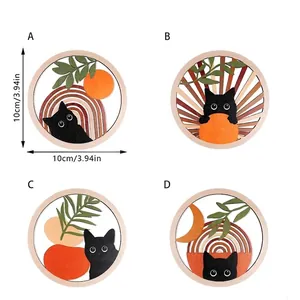 Set di 4 sottobicchieri in legno con gatto boho e decorazioni per scrivania sole e luna