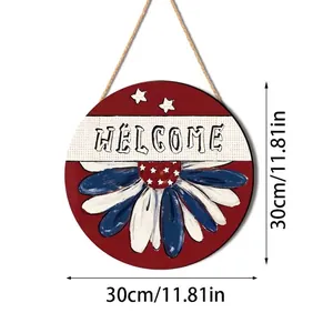 Round wooden welcome sign with patriotic sunflower design for home wall decor