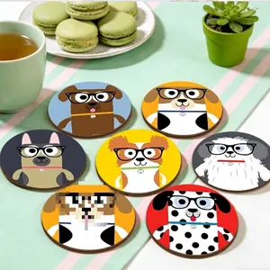 Set of cartoon dog wooden coasters with cute glasses designs for home decor
