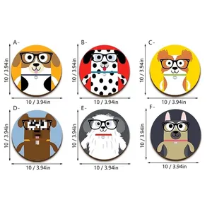 Set of 6 cartoon dog pattern heat-insulating wooden coasters with 10cm diameter size