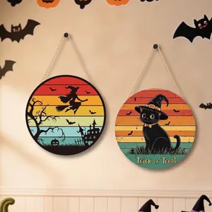 Halloween Holzschild Hexe Schwarze Katze Rundes Plaque Okkulte Magische Symbole Türhänger Wanddeko Für Zuhause Party Festliches Ornament