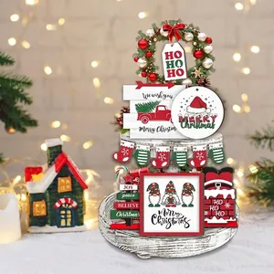 Rustic Christmas tiered tray wooden decoration set with festive gnome and Santa signs