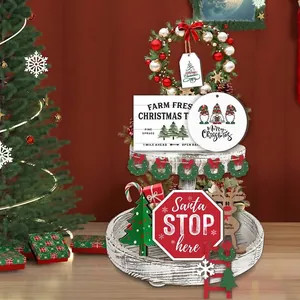 Wooden Christmas tiered tray decoration set with Santa and gnome signs