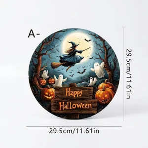 Rundes Halloween-Türschild aus Holz mit Hexe und Kürbissen, 29,5 cm Durchmesser.