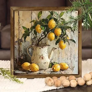 Art Mural Encadré en Bois Rétro Décor Carré Peinture Plate 2D Pour Salle de Bain Salon Papillon Citron Fille Motif Maison Signe