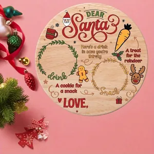 Macro view of round Christmas wooden tray with Santa and reindeer cookie illustrations