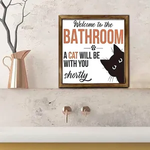 Moderne houten wanddecoratie voor de badkamer met een schattige kat en welkomsttekst