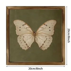 Décoration murale papillon avec cadre en bois vintage et fond vert foncé 20x20 cm