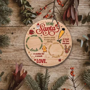 Vintage Christmas Wooden Tray For Santa Milk And Cookies Reindeer Carrot Gingerbread Man Printed Round Wood Serving Tray Holiday Party Home Decor