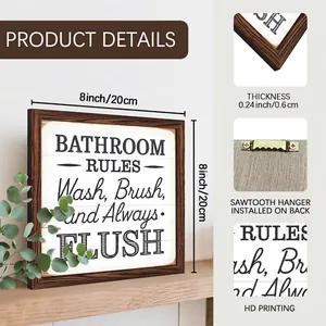 Décoration murale en bois règles de salle de bain avec cadre marron 20x20cm rustique