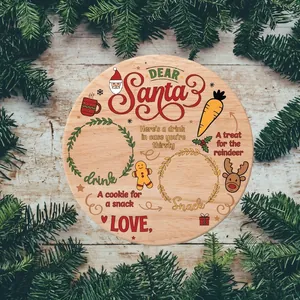 Round wooden Christmas Eve tray for Santa's cookies and milk with festive reindeer design.