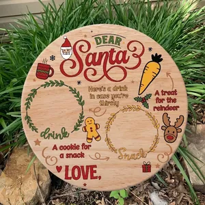 Round Christmas wooden tray for Santa's milk and cookies with reindeer treat design