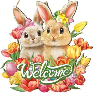 Easter wooden welcome sign featuring adorable bunnies and spring tulips decoration