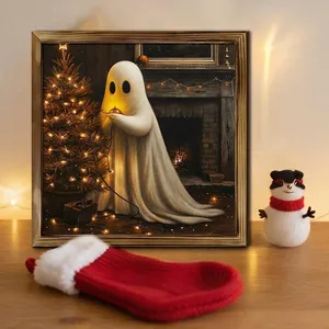 Atmospheric square wooden frame with festive ghost Christmas tree and fireplace art